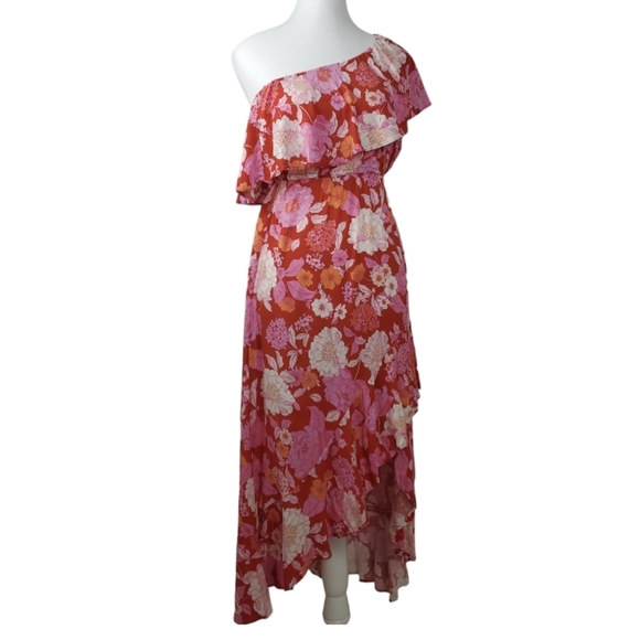 EBBy anD I . One shoulder Tropical Floral Dress. Midi. Red with pink. Size 10 - Picture 1 of 6